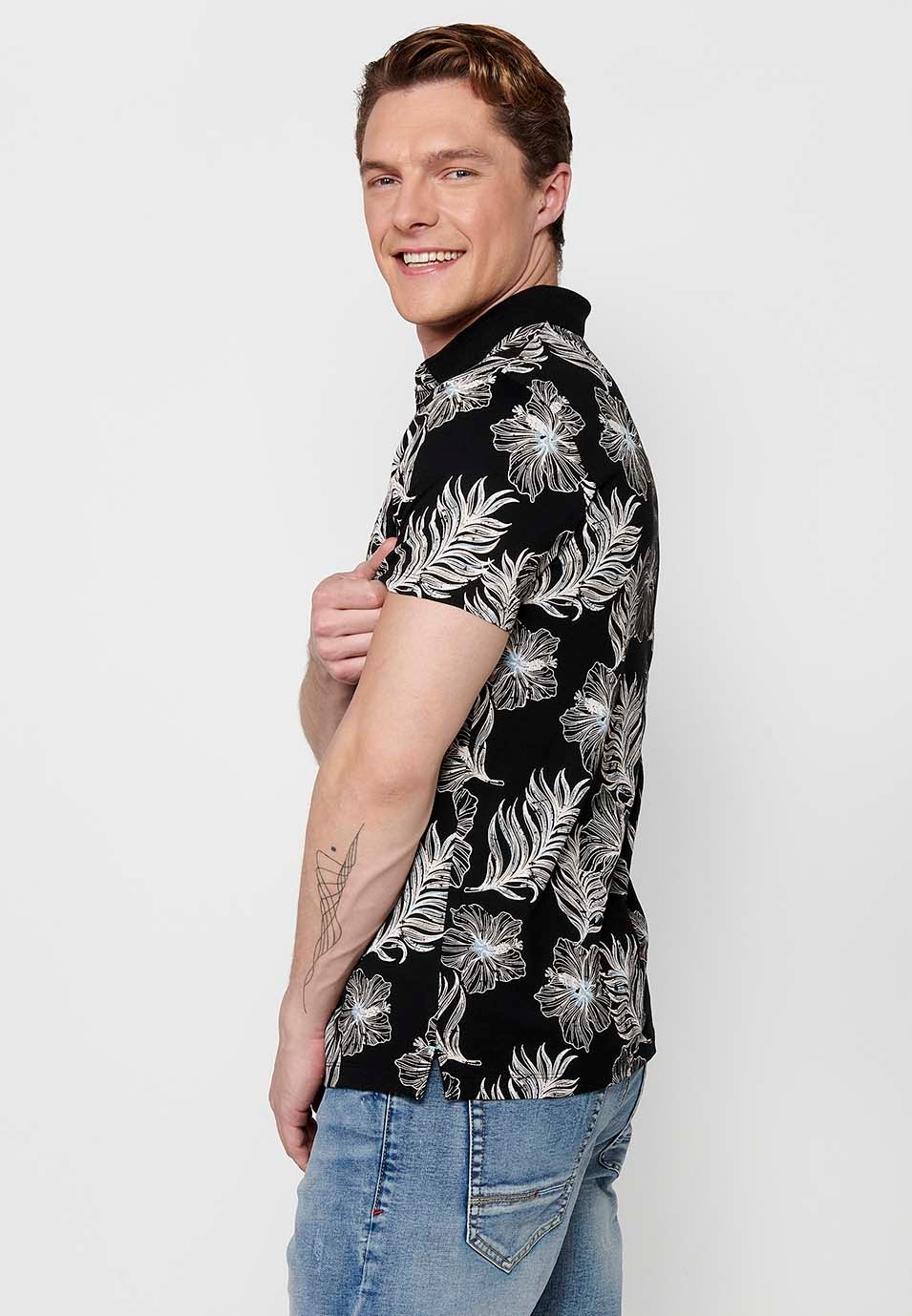 Short-sleeved Cotton Polo Shirt with Ribbed Finish and Shirt Collar with Buttons and Tropical Print in Black for Men 3