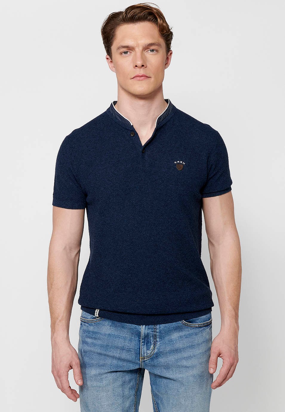 Kurzarm-Poloshirt aus Baumwolle mit Rundhalsausschnitt und geknöpfter Öffnung in strukturierter Marineblau-Farbe für Herren