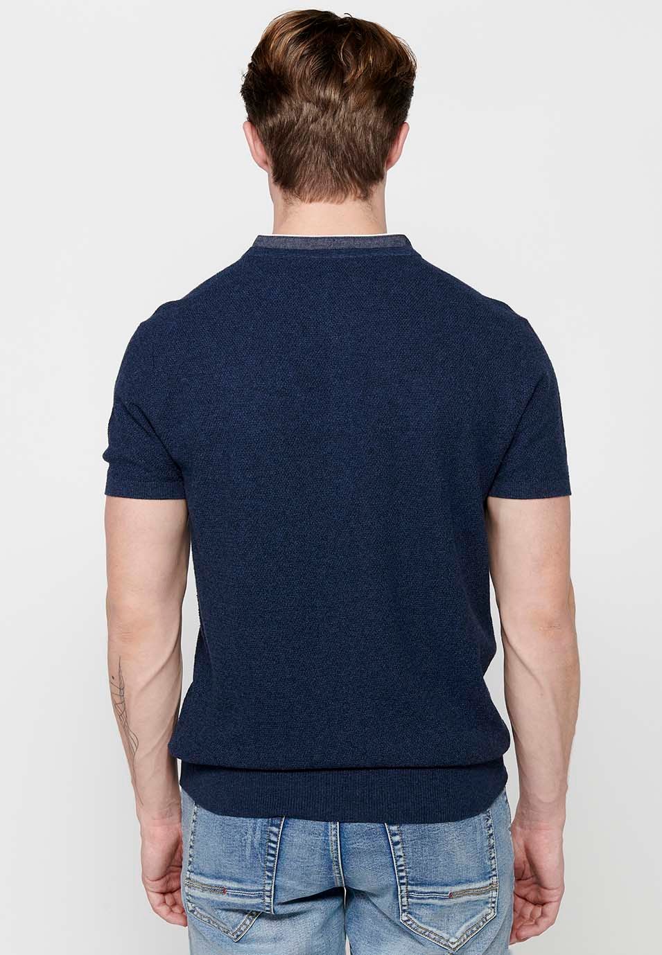 Short Sleeve Cotton Polo Shirt with Round Neck with Buttoned Opening and Textured Navy Color for Men