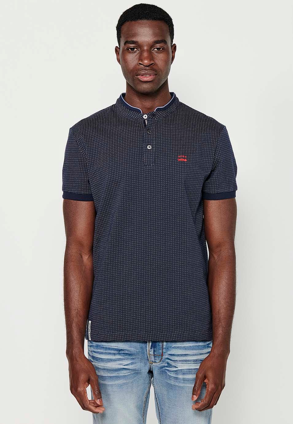 Short-sleeved Cotton Polo Shirt with Round Neck with Buttoned Opening and Textured Navy Color for Men 6