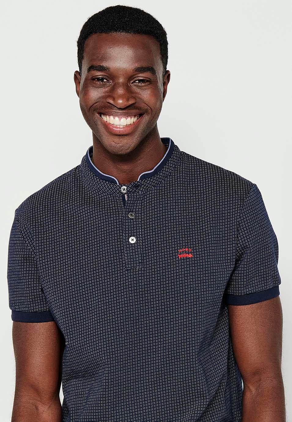 Short-sleeved Cotton Polo Shirt with Round Neck with Buttoned Opening and Textured Navy Color for Men 2