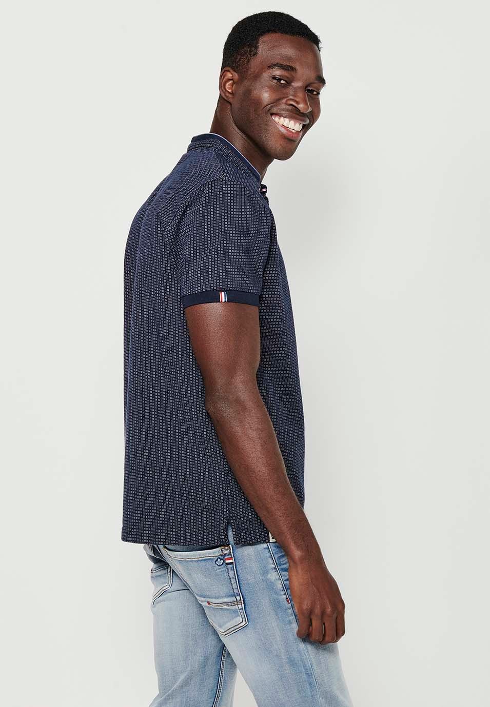 Kurzärmliges Baumwoll-Poloshirt mit Rundhalsausschnitt und geknöpfter Öffnung in strukturierter Marineblau-Farbe für Herren 4