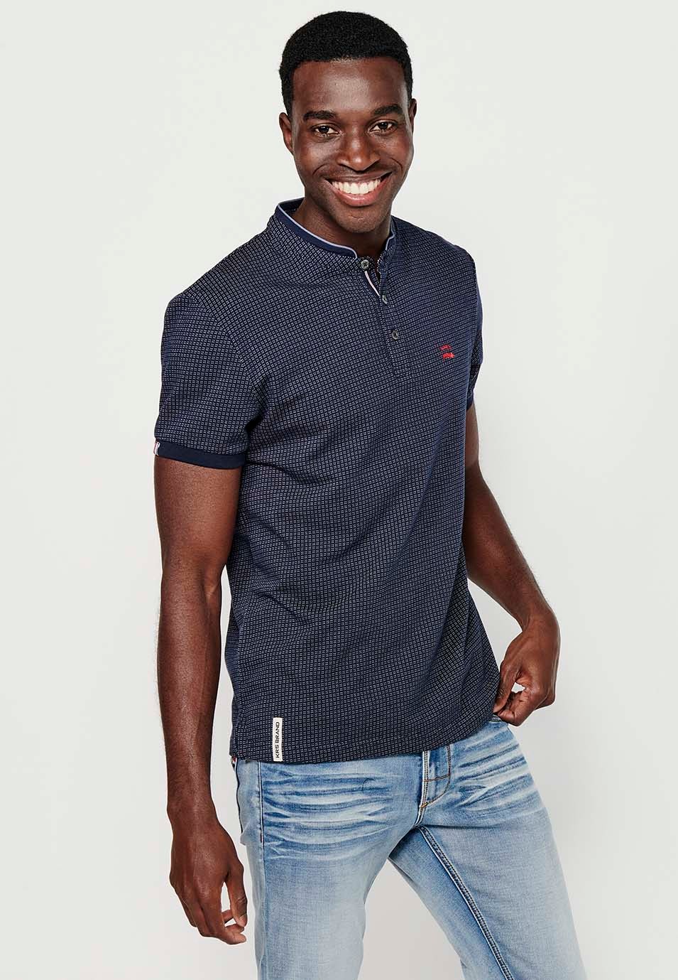 Short-sleeved Cotton Polo Shirt with Round Neck with Buttoned Opening and Textured Navy Color for Men 5