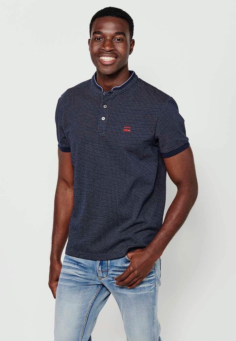 Short-sleeved Cotton Polo Shirt with Round Neck with Buttoned Opening and Textured Navy Color for Men 7