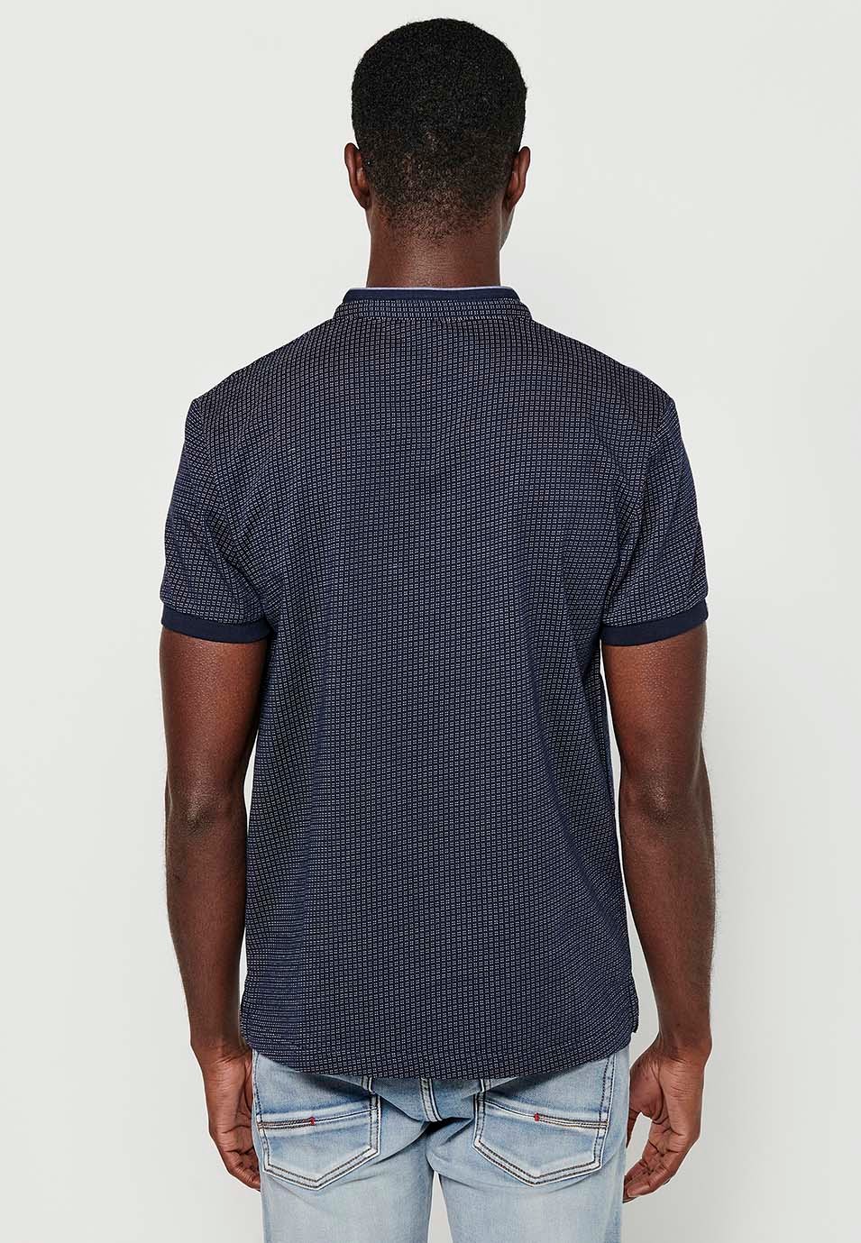 Kurzärmliges Baumwoll-Poloshirt mit Rundhalsausschnitt und geknöpfter Öffnung in strukturierter Marineblau-Farbe für Herren 3