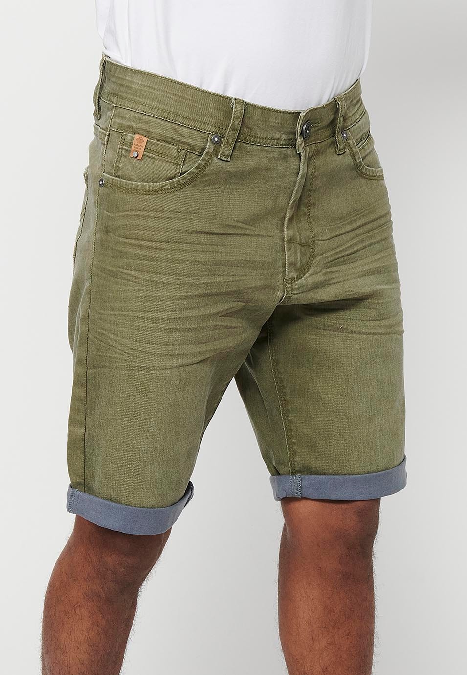 Denim Bermuda shorts with turn-up finish, front closure with zipper and button with five pockets, one pocket pocket, Olive Color for Men 5