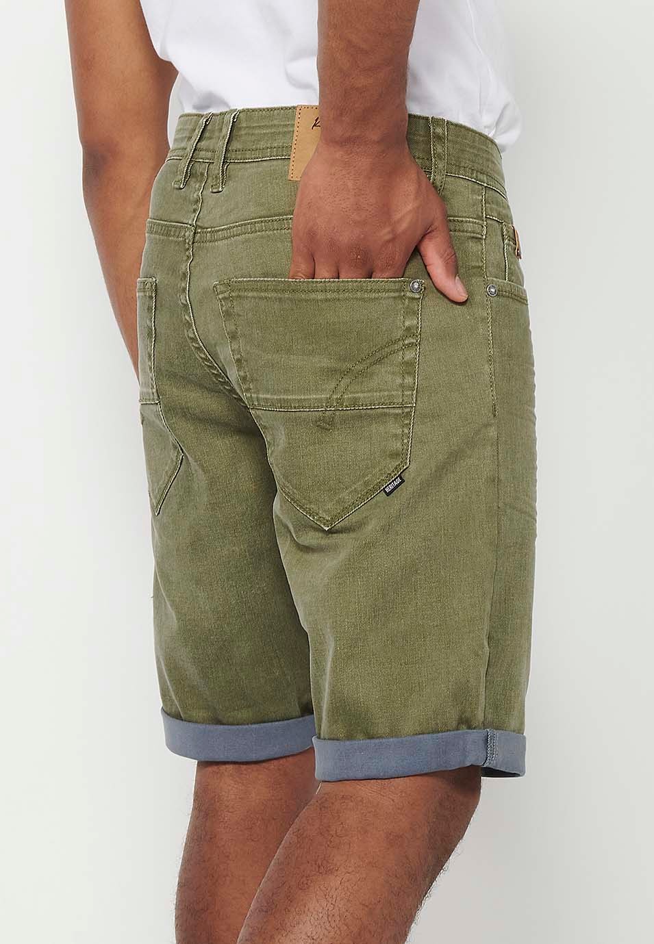 Denim Bermuda shorts with turn-up finish, front closure with zipper and button with five pockets, one pocket pocket, Olive Color for Men 1