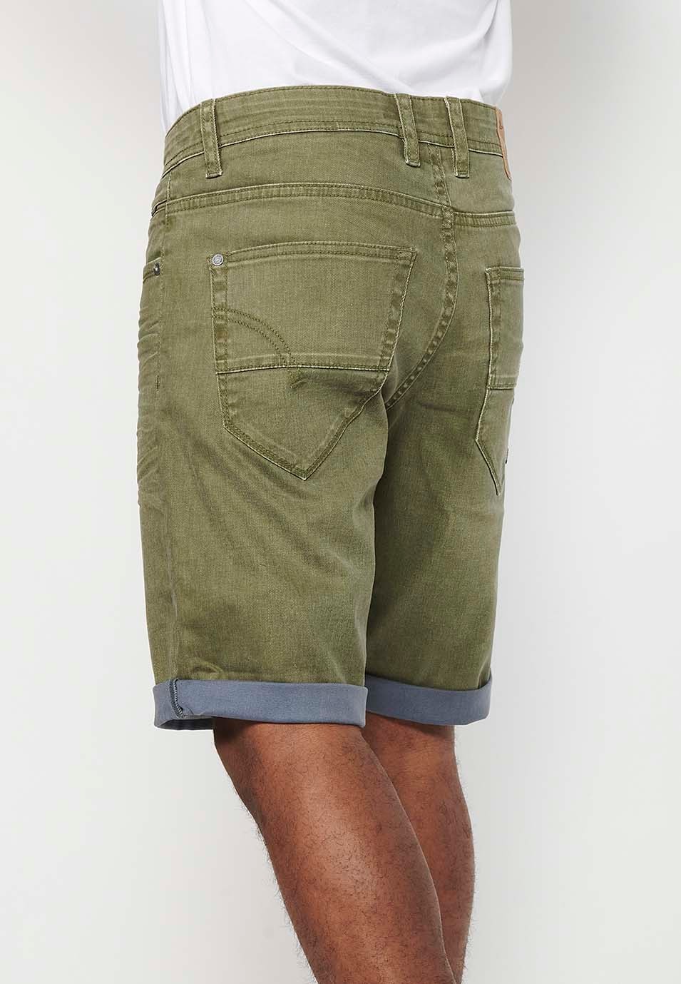 Denim Bermuda shorts with turn-up finish, front closure with zipper and button with five pockets, one pocket pocket, Olive Color for Men 6