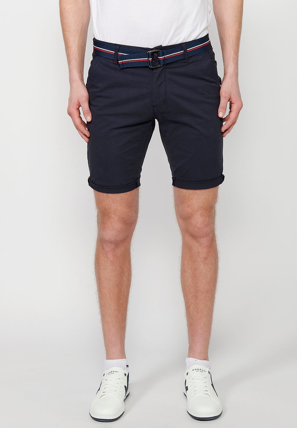 Shorts with turn-up finish with front closure with zipper and button and belt in Navy Color for Men