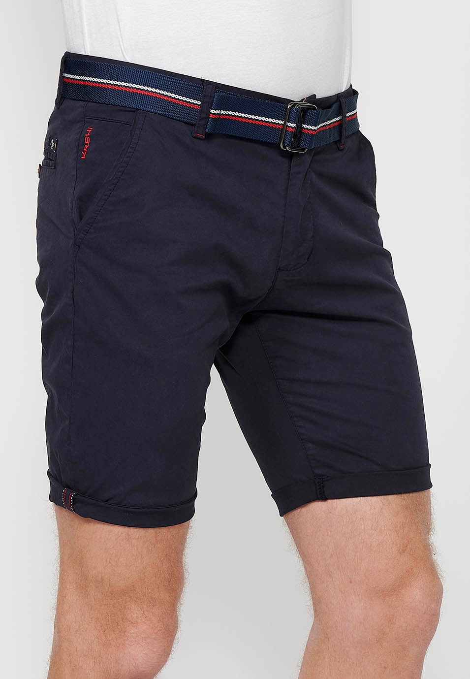 Shorts with turn-up finish with front closure with zipper and button and belt in Navy Color for Men