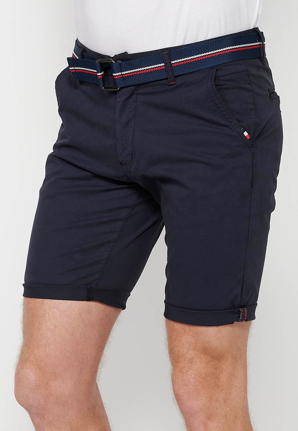 Shorts with turn-up finish with front closure with zipper and button and belt in Navy Color for Men