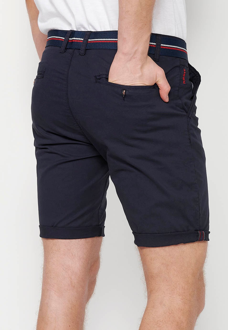 Shorts with turn-up finish with front closure with zipper and button and belt in Navy Color for Men