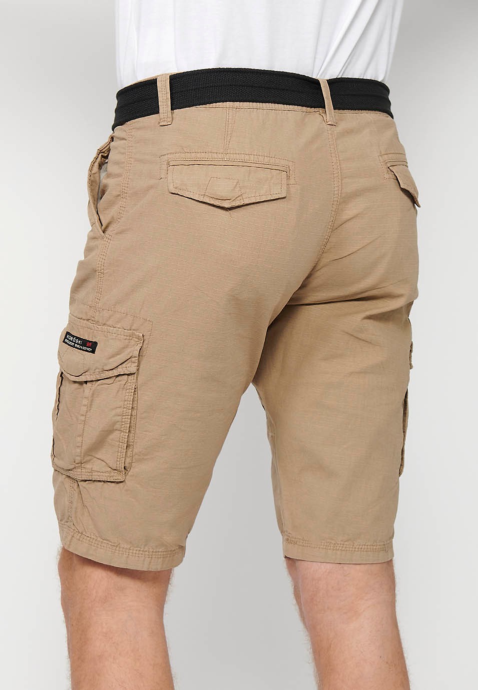 Cotton cargo shorts with belt and front closure with zipper and button with pockets, two back pockets with flap and two cargo pants in Beige Color for Men 6