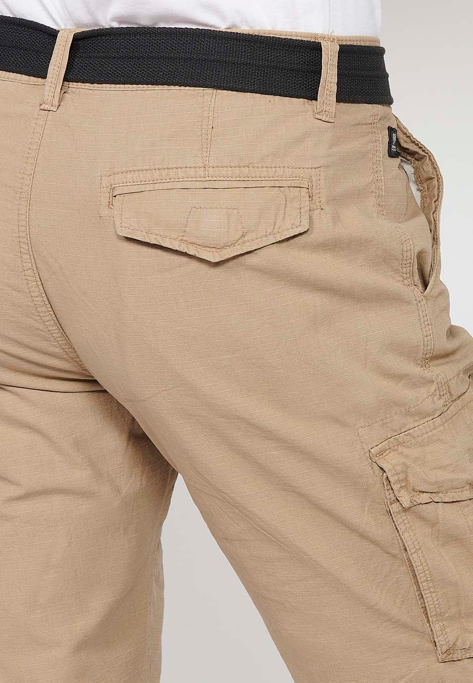 Cotton cargo shorts with belt and front closure with zipper and button with pockets, two back pockets with flap and two cargo pants in Beige Color for Men 8