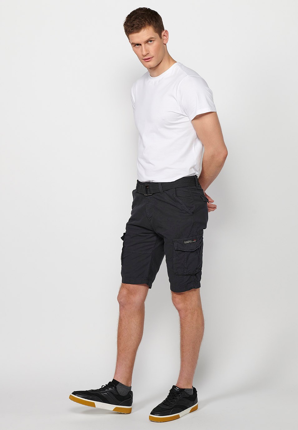 Cotton Cargo Shorts with Belt and Front Closure with Zipper and Button with Pockets, Two Back Pockets with Flap and Two Black Cargo Pants for Men