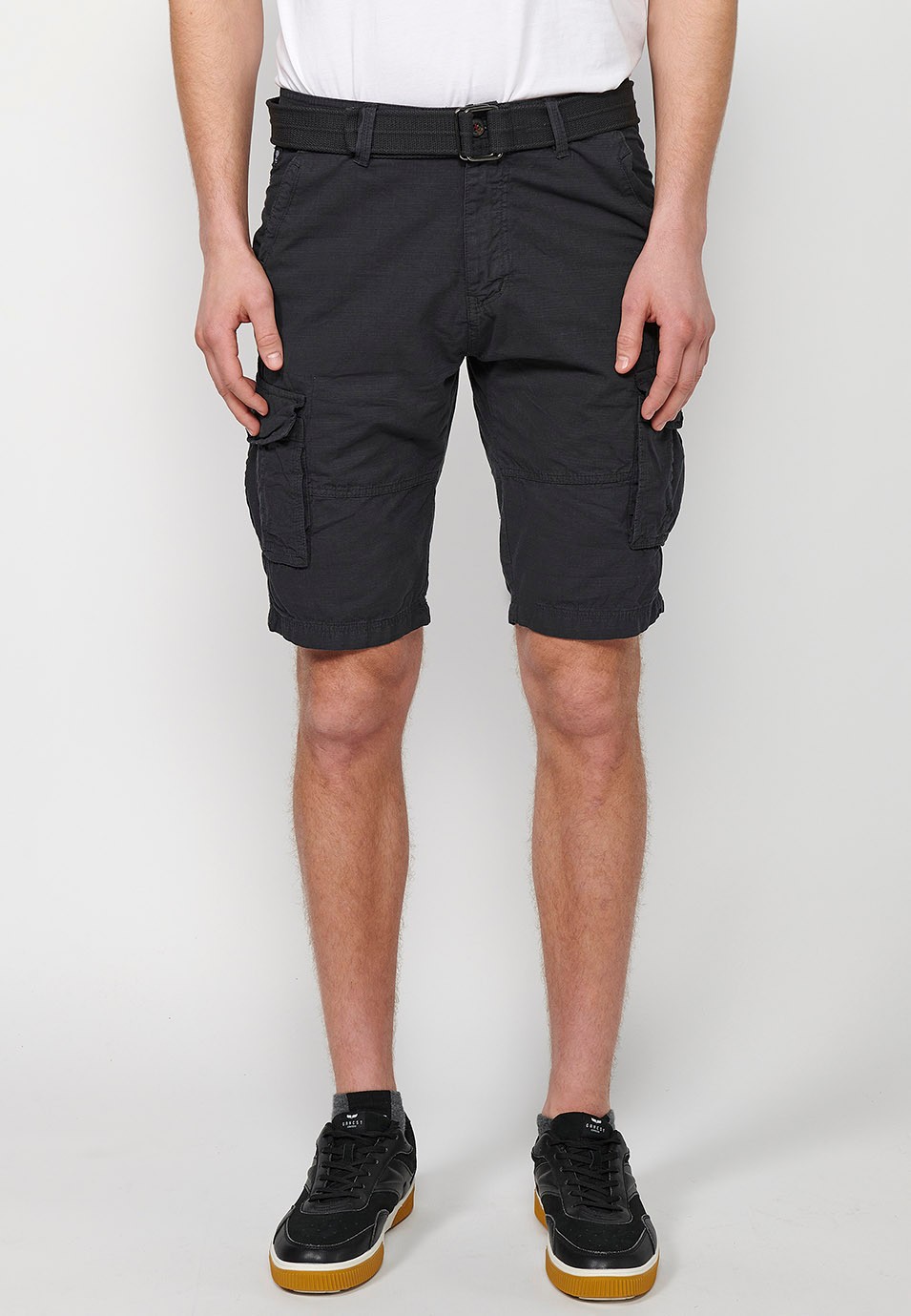 Cotton Cargo Shorts with Belt and Front Closure with Zipper and Button with Pockets, Two Back Pockets with Flap and Two Black Cargo Pants for Men 1