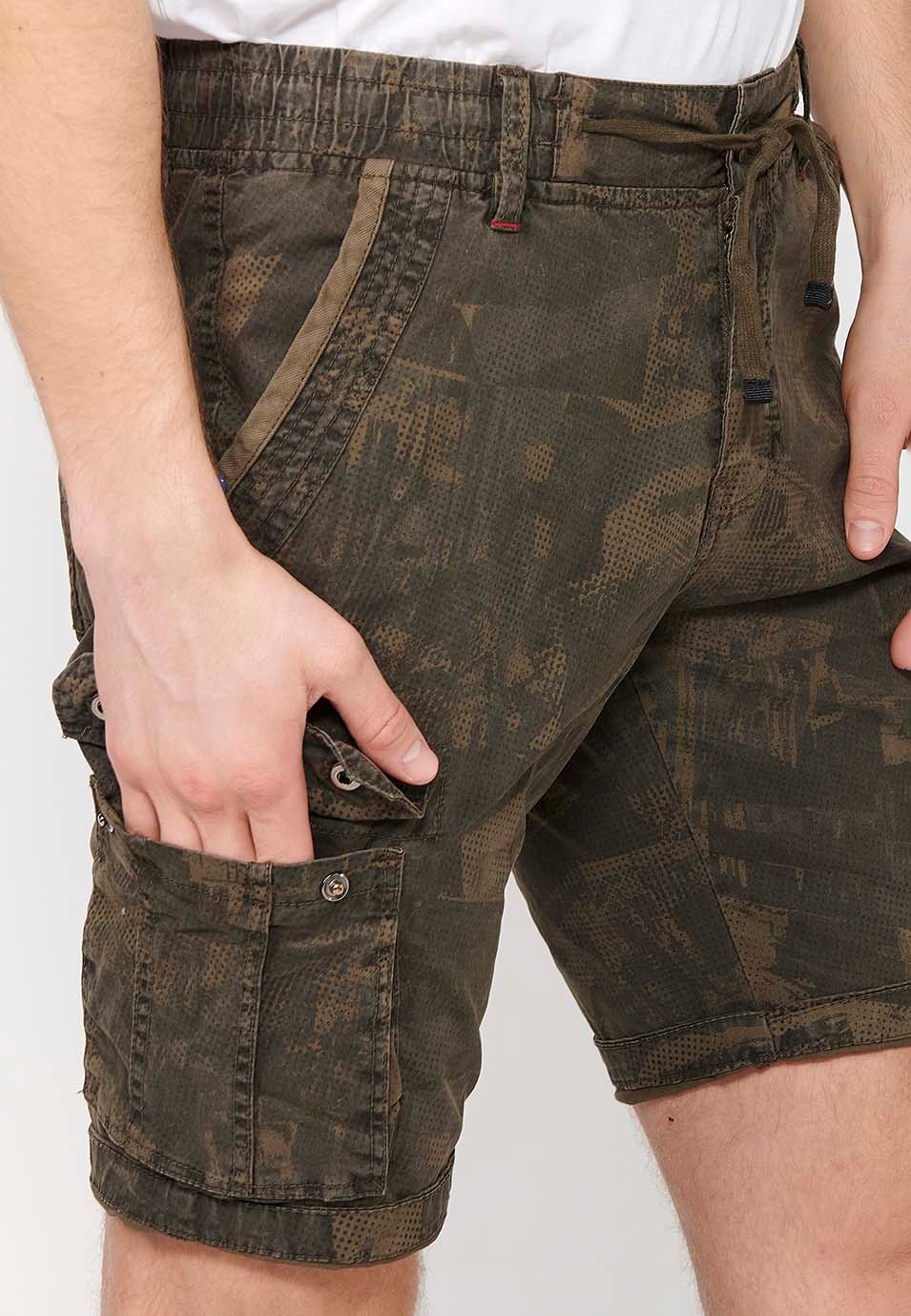 Cargo-Shorts mit Frontverschluss mit Reißverschluss und Knopf und vier Taschen, zwei Gesäßtaschen mit Patte mit zwei Cargotaschen mit Patte und verstellbarer Taille mit Kordelzug in der Farbe Khaki für Herren 8