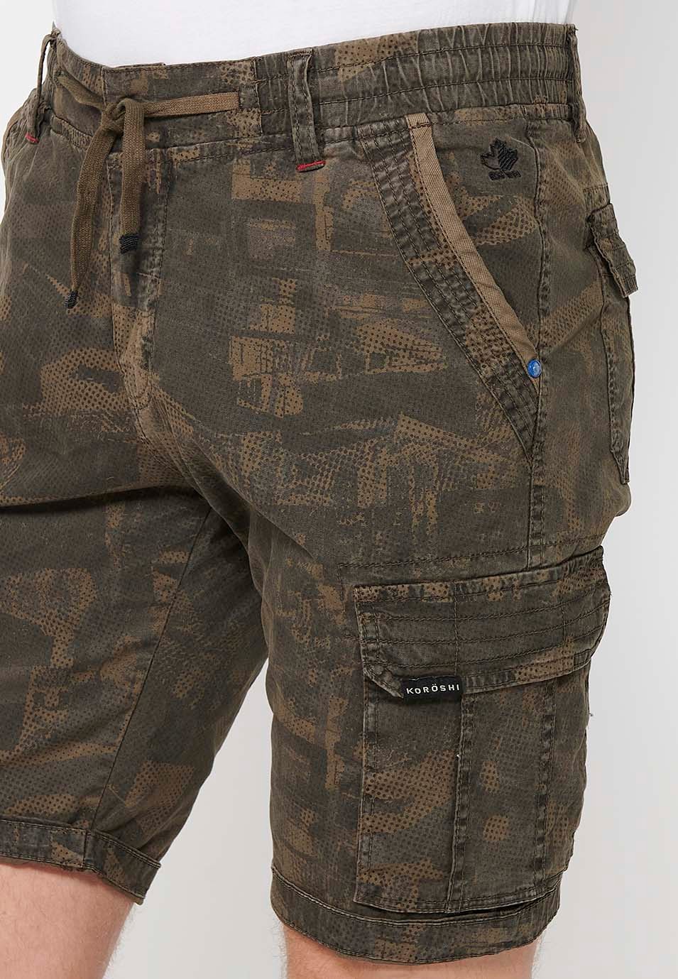 Cargo-Shorts mit Frontverschluss mit Reißverschluss und Knopf und vier Taschen, zwei Gesäßtaschen mit Patte mit zwei Cargotaschen mit Patte und verstellbarer Taille mit Kordelzug in der Farbe Khaki für Herren 10