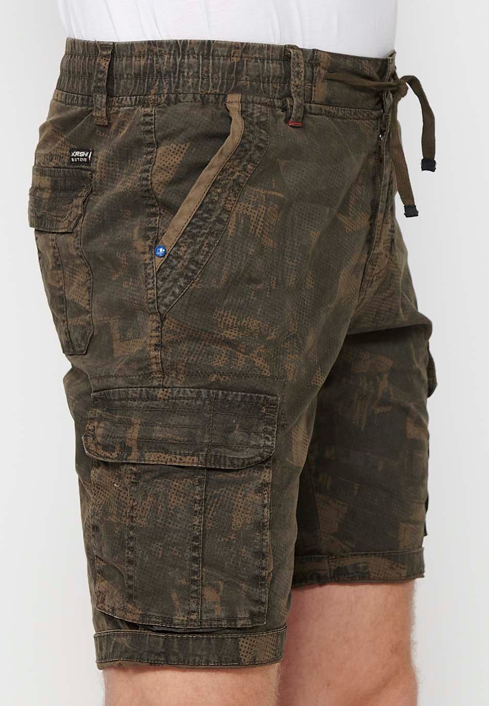 Cargo-Shorts mit Frontverschluss mit Reißverschluss und Knopf und vier Taschen, zwei Gesäßtaschen mit Patte mit zwei Cargotaschen mit Patte und verstellbarer Taille mit Kordelzug in der Farbe Khaki für Herren 6