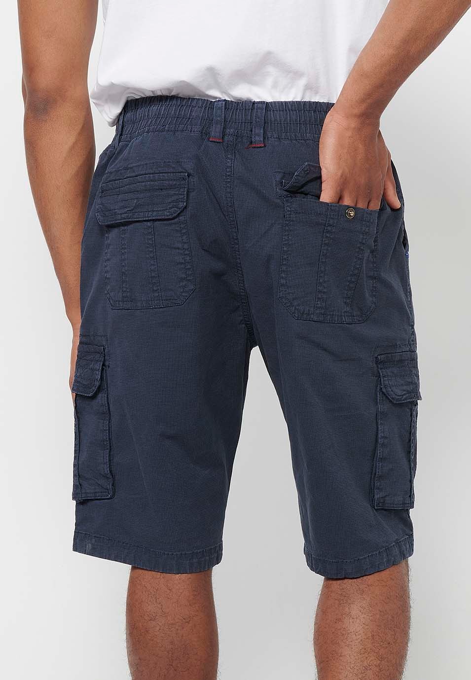 Cargo shorts with front closure with zipper and button and four pockets, two rear pockets with flap with two cargo pockets with flap and adjustable waist with drawstring in Navy Color for Men 6