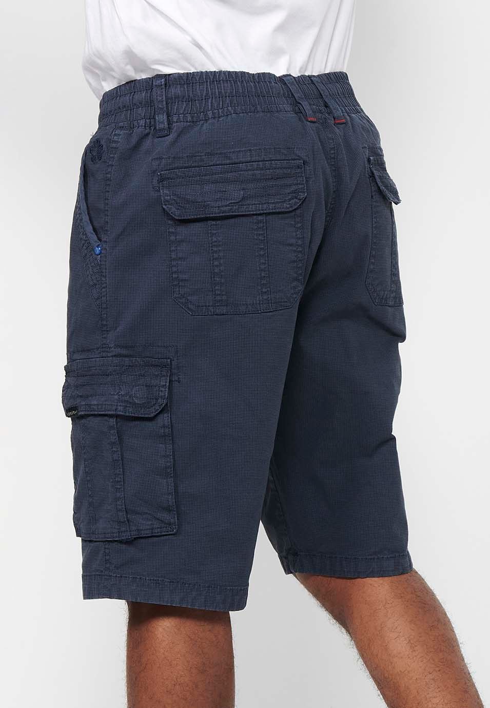 Cargo shorts with front closure with zipper and button and four pockets, two rear pockets with flap with two cargo pockets with flap and adjustable waist with drawstring in Navy Color for Men 5