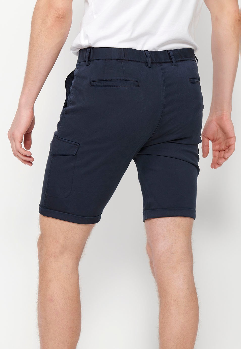 Shorts with rubberized waist and zipper and button closure with pockets, two sides with flap in Navy Color for Men