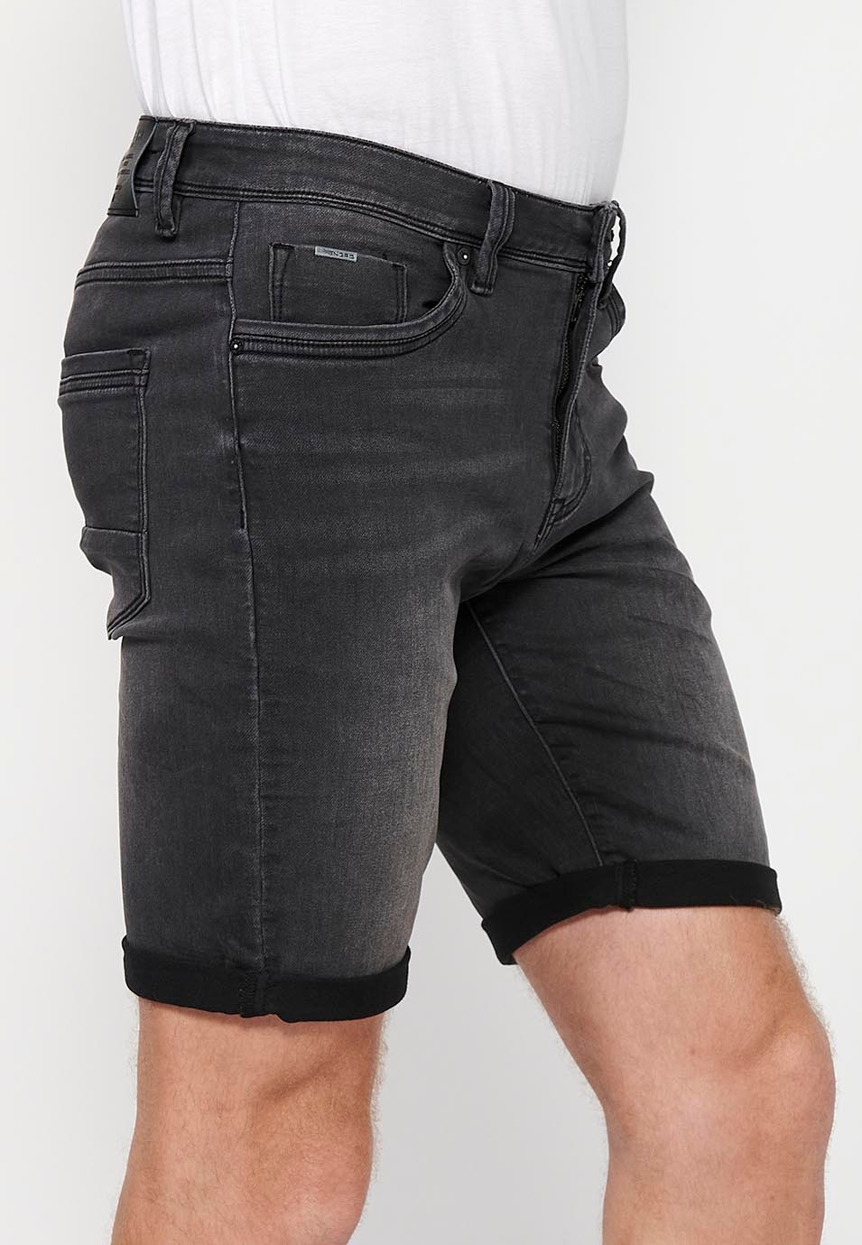 Shorts mit Umschlag und Frontverschluss mit Reißverschluss und Knopf in Schwarz für Herren 1