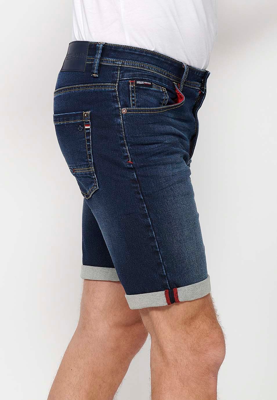 Short avec finition revers avec fermeture sur le devant avec fermeture éclair et bouton en Bleu pour Homme 3