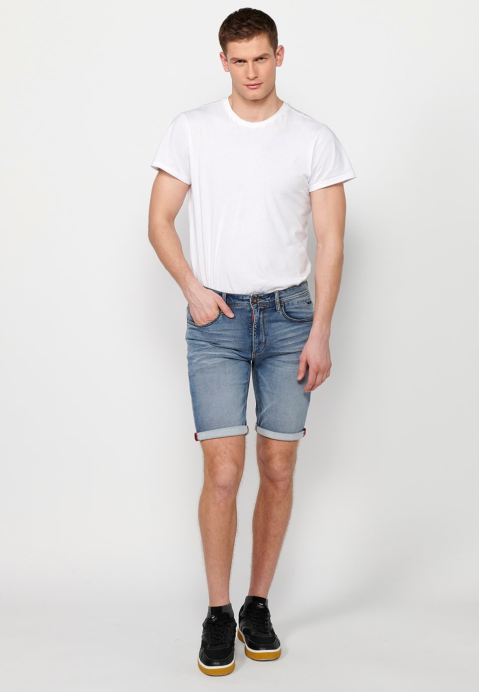 Blue Denim Bermuda shorts with turn-up finish and front zipper and button closure for Men