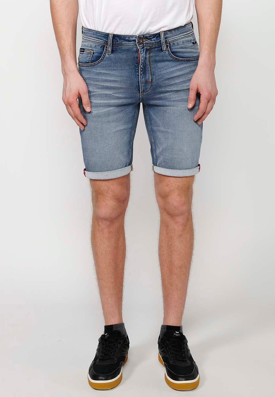 Blue Denim Bermuda shorts with turn-up finish and front zipper and button closure for Men 4