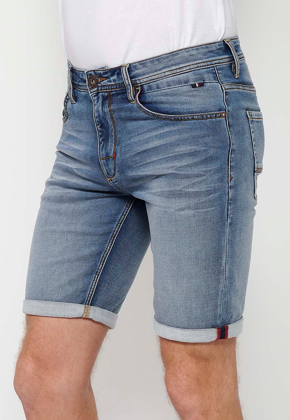 Blue Denim Bermuda shorts with turn-up finish and front zipper and button closure for Men 5