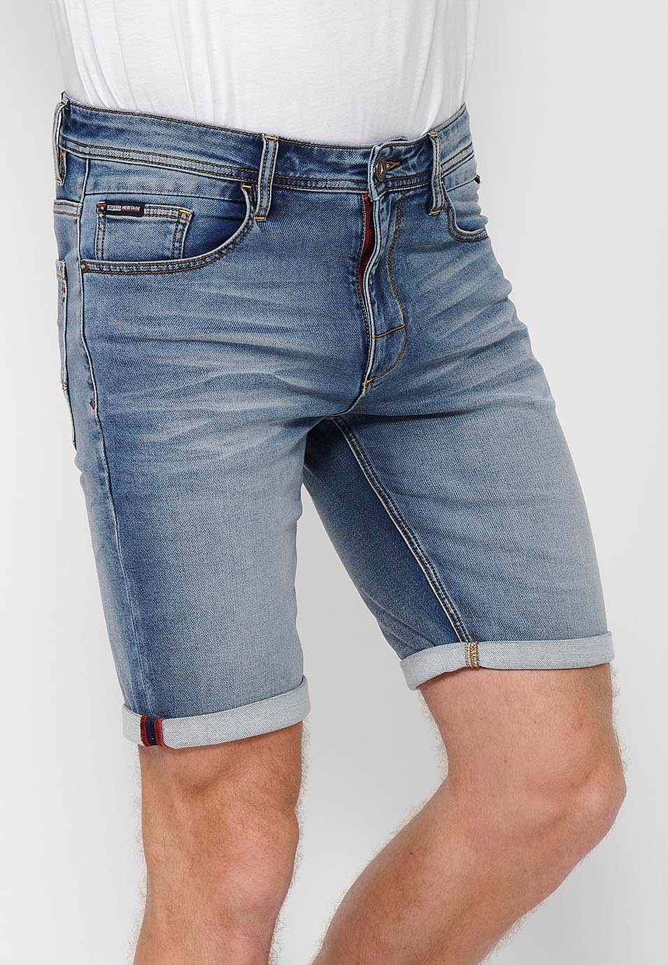 Blue Denim Bermuda shorts with turn-up finish and front zipper and button closure for Men 3