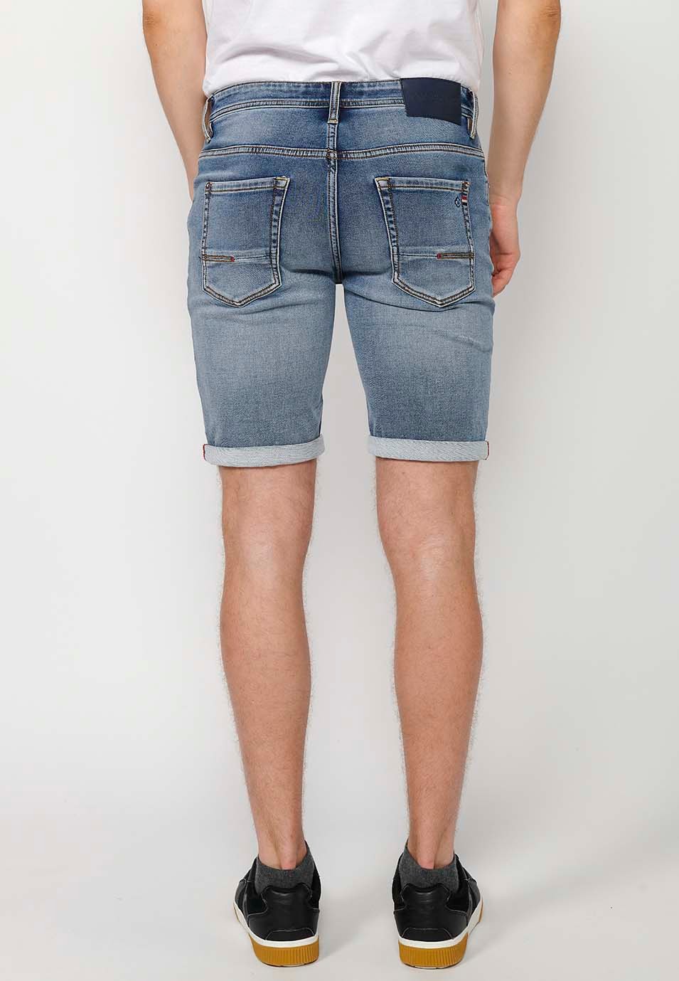 Blue Denim Bermuda shorts with turn-up finish and front zipper and button closure for Men 2