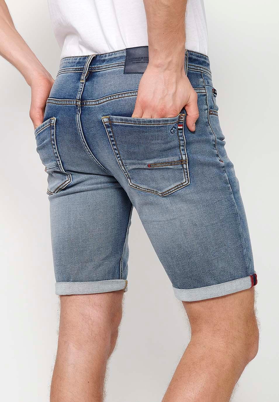 Blaue Denim-Bermudashorts mit Umschlag und Frontreißverschluss und Knopfverschluss für Herren 1