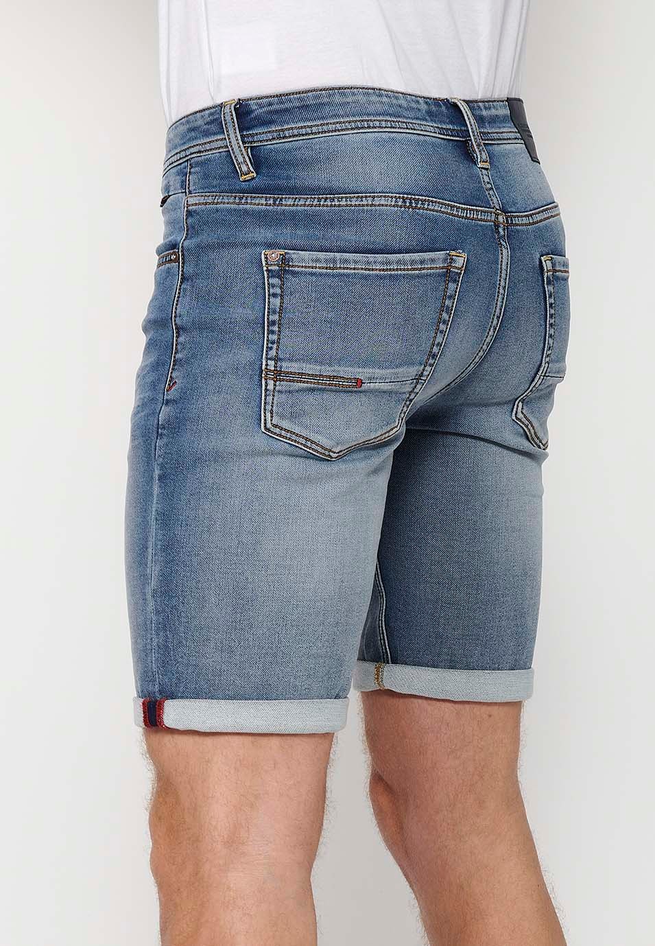 Blue Denim Bermuda shorts with turn-up finish and front zipper and button closure for Men 7