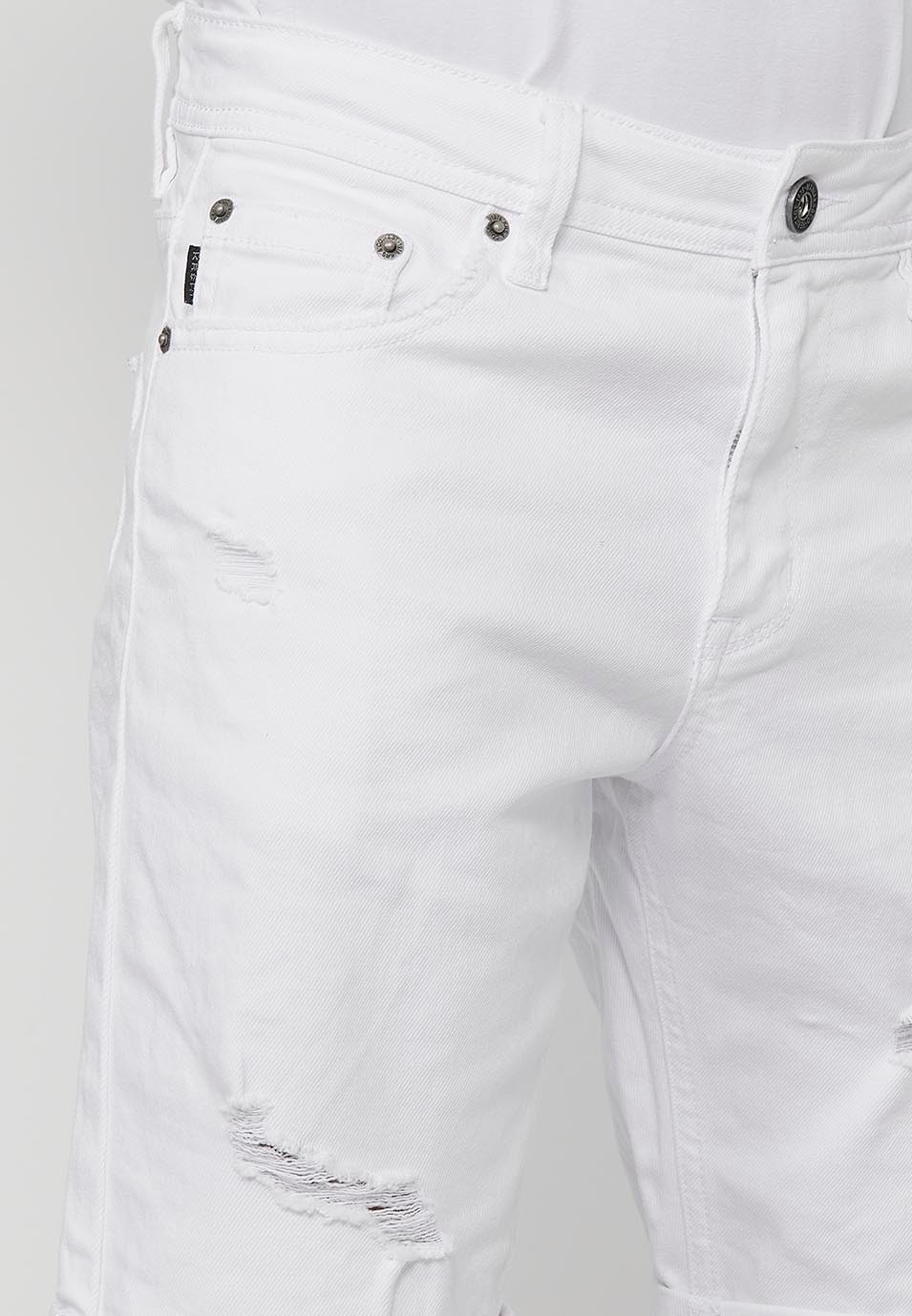 Bermuda en jean avec finition revers et fermeture sur le devant avec fermeture éclair et bouton en Blanc pour Homme 7