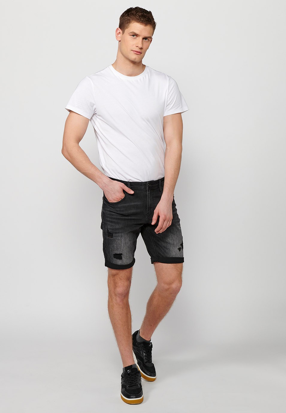 Black Denim Bermuda Shorts with Turn-Up Finish and Front Zipper and Button Closure for Men