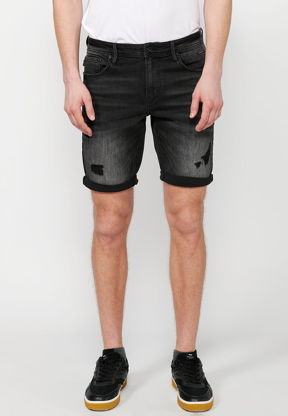 Black Denim Bermuda Shorts with Turn-Up Finish and Front Zipper and Button Closure for Men 3