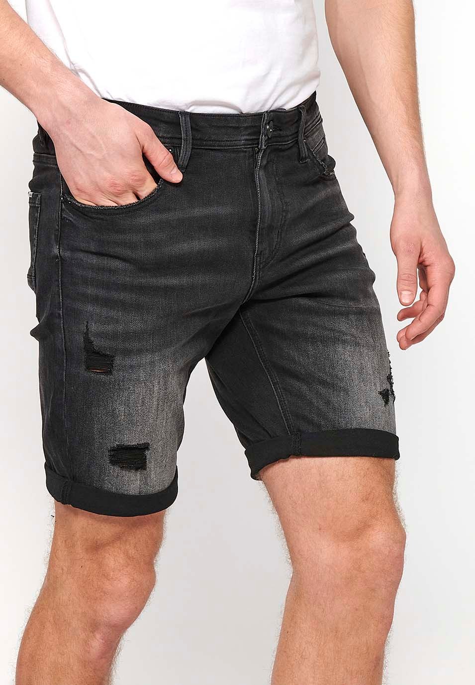 Black Denim Bermuda Shorts with Turn-Up Finish and Front Zipper and Button Closure for Men 2