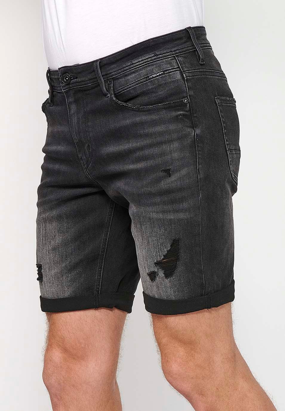 Black Denim Bermuda Shorts with Turn-Up Finish and Front Zipper and Button Closure for Men 5