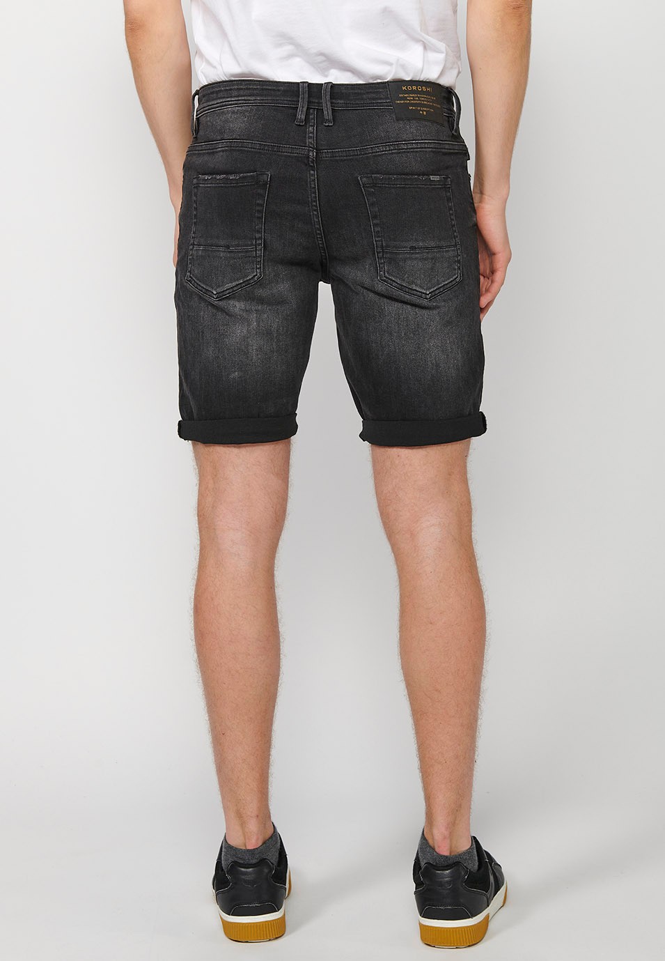 Black Denim Bermuda Shorts with Turn-Up Finish and Front Zipper and Button Closure for Men 4