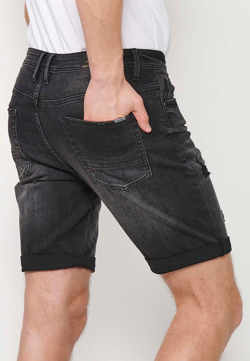 Black Denim Bermuda Shorts with Turn-Up Finish and Front Zipper and Button Closure for Men 1