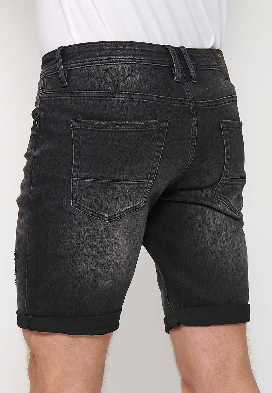 Black Denim Bermuda Shorts with Turn-Up Finish and Front Zipper and Button Closure for Men 8