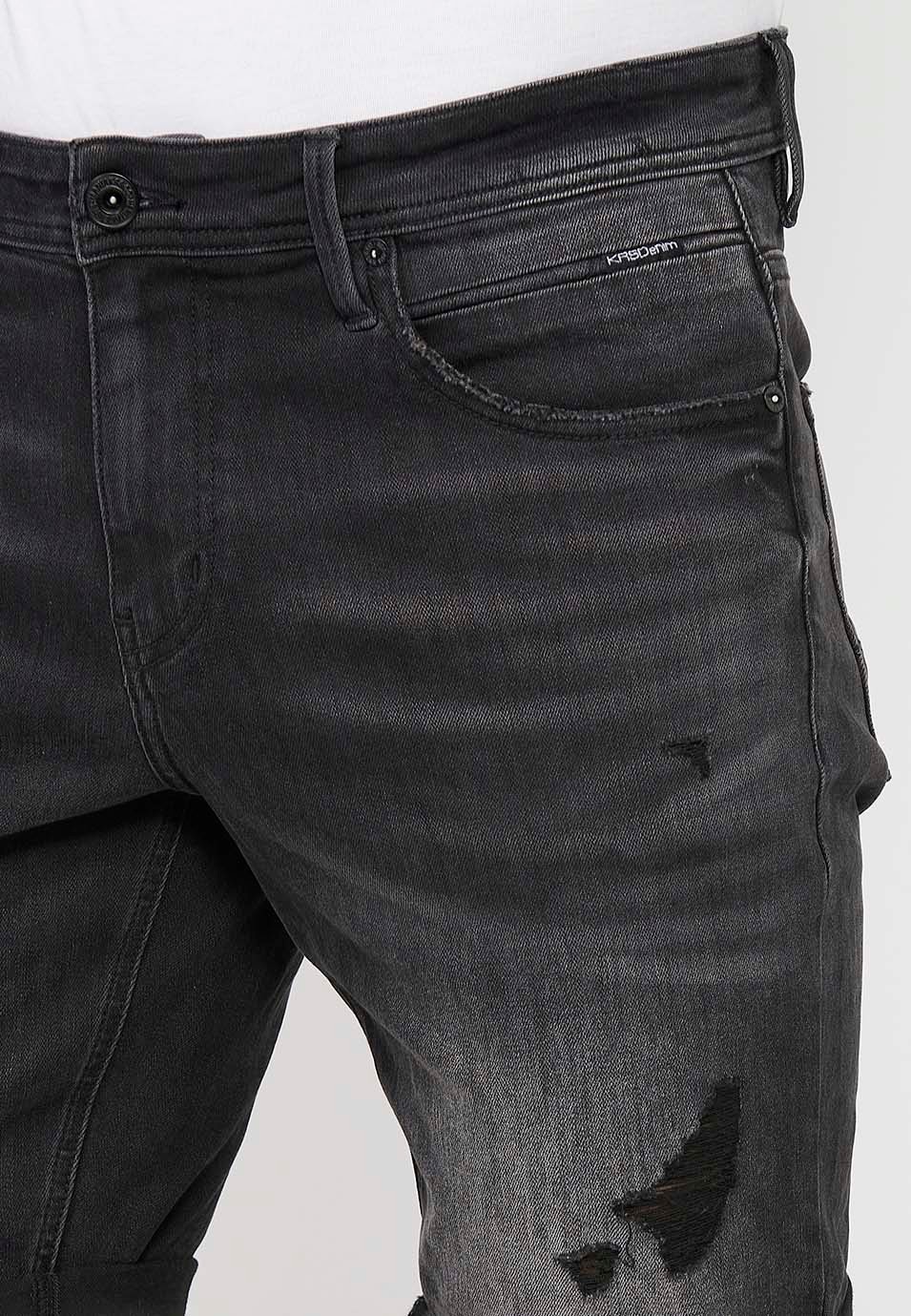 Black Denim Bermuda Shorts with Turn-Up Finish and Front Zipper and Button Closure for Men 9
