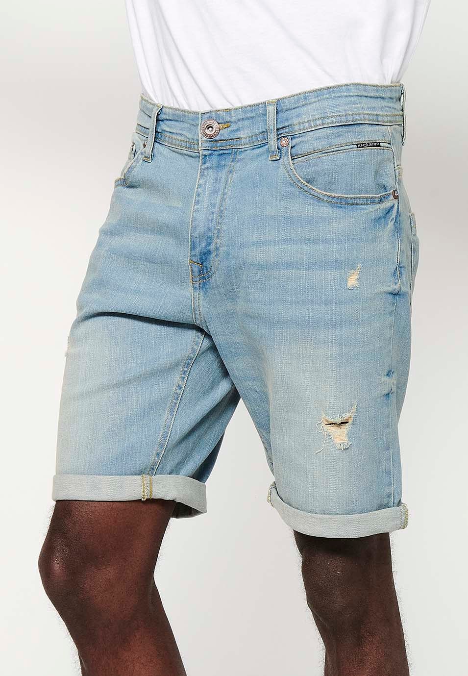 Short avec finition revers et fermeture avant avec fermeture éclair et bouton et cinq poches, une poche bleue pour homme 7