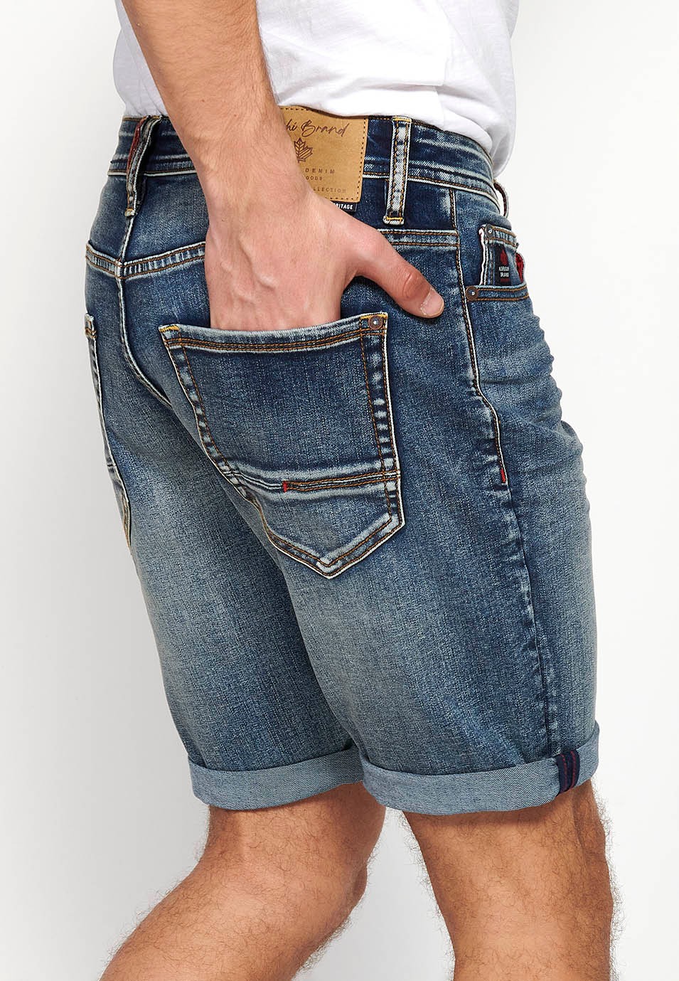 Denim-Bermudashorts mit Frontverschluss mit Reißverschluss und Knopf mit fünf Taschen, einer Tasche, blaue Farbe für Herren 6