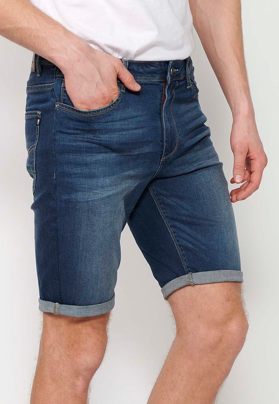 Blue Denim Bermuda Shorts with Turn-Up Finish and Front Zipper and Button Closure for Men 4