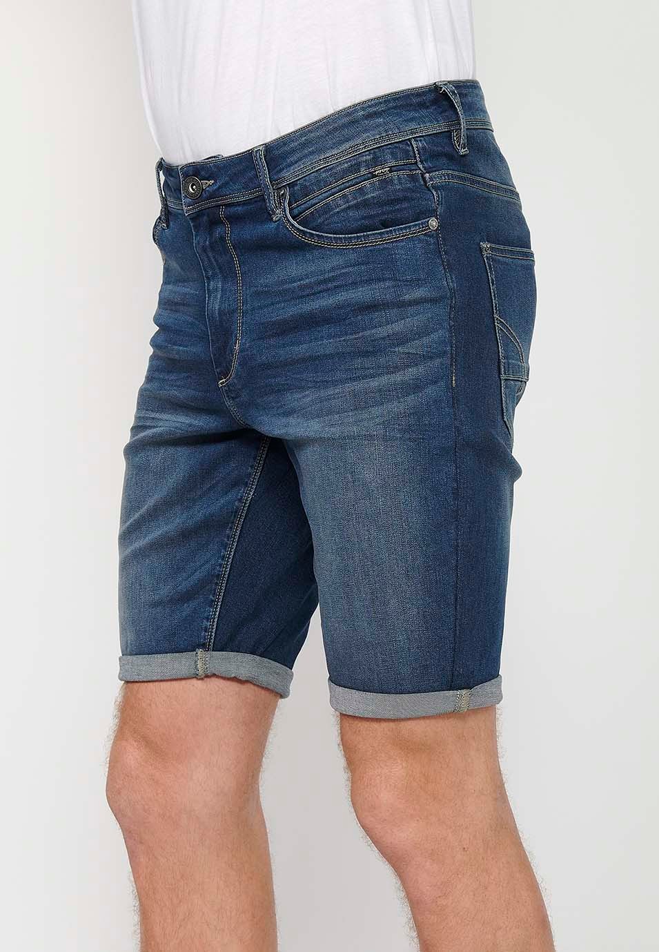 Blue Denim Bermuda Shorts with Turn-Up Finish and Front Zipper and Button Closure for Men 5