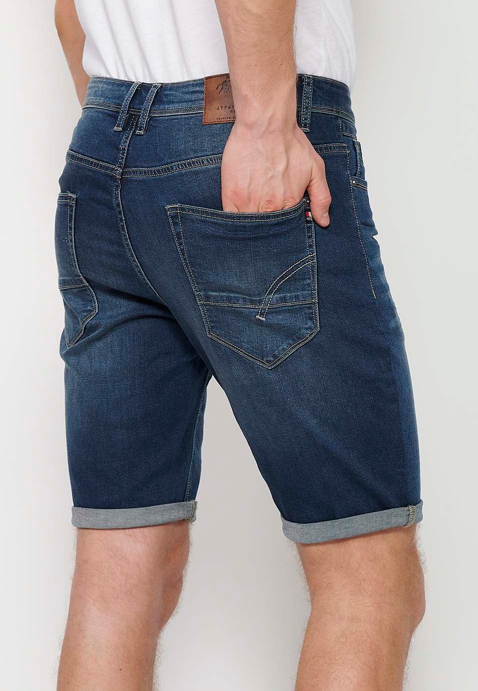 Blue Denim Bermuda Shorts with Turn-Up Finish and Front Zipper and Button Closure for Men 1