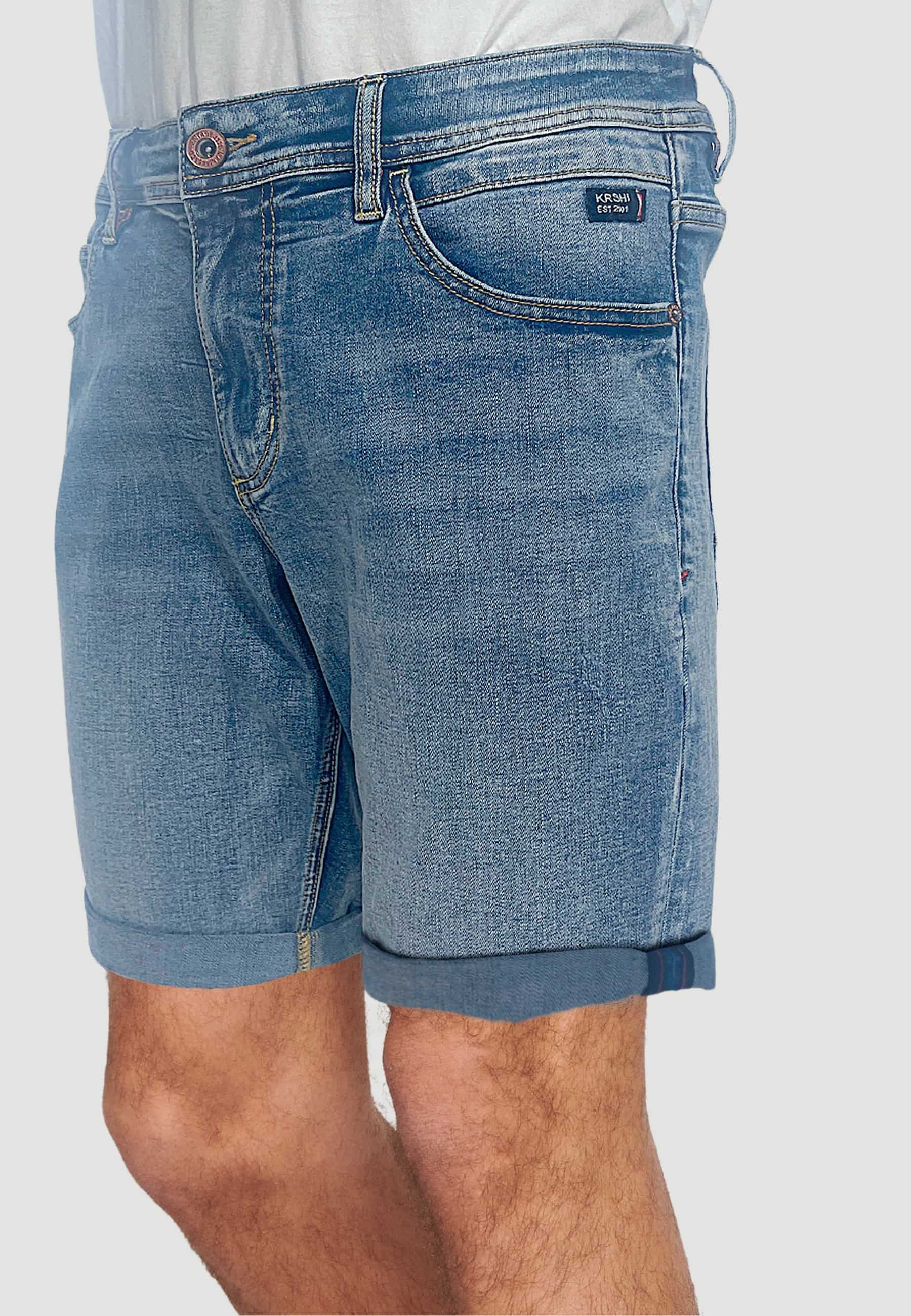 Jeans-Bermudashorts mit Umschlag, Reißverschluss und Knopf vorne, fünf Taschen und einer Tasche in Blau für Herren 1